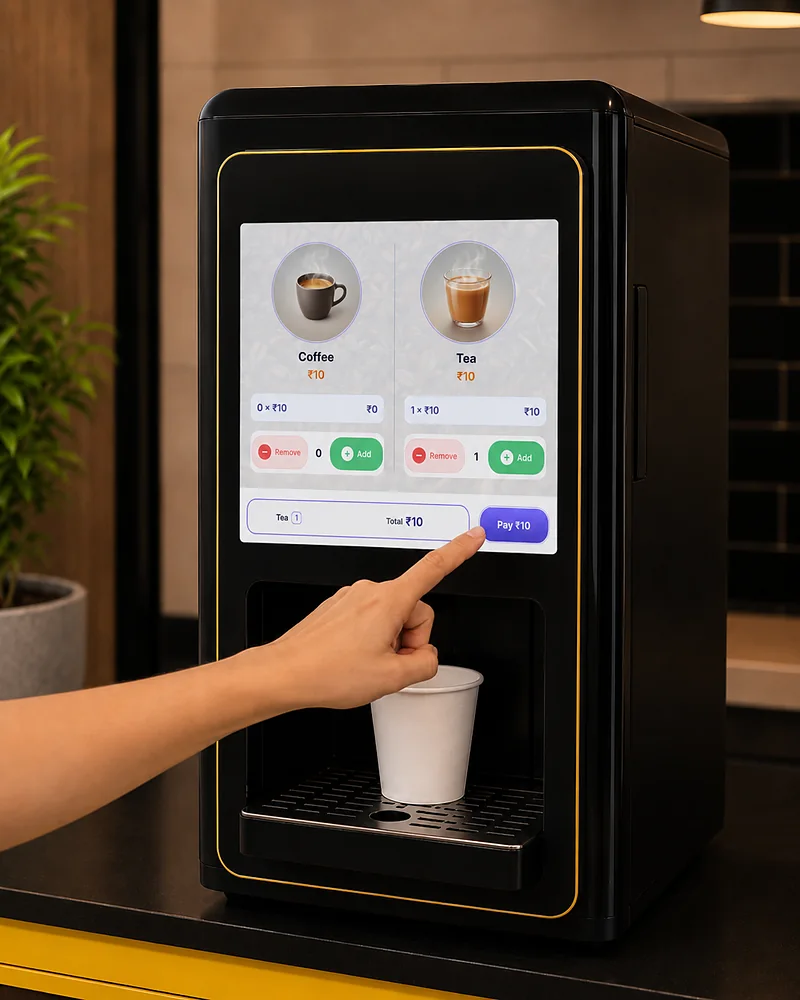 A hot beverage machine with a touchscreen set into its front, showing coffee and tea at ₹10 each and a pay button, with a paper cup waiting on the tray.