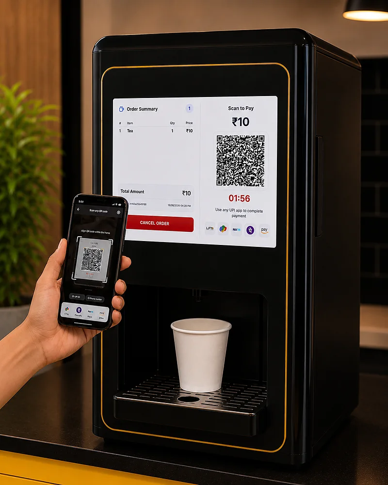 The same machine's screen showing an order summary beside a QR code for the amount owed, with a phone held up to scan it.