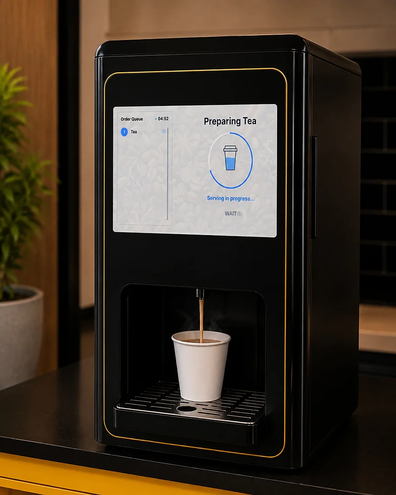 The machine part-way through an order: the screen tracks the queue while a cup fills on the tray below.